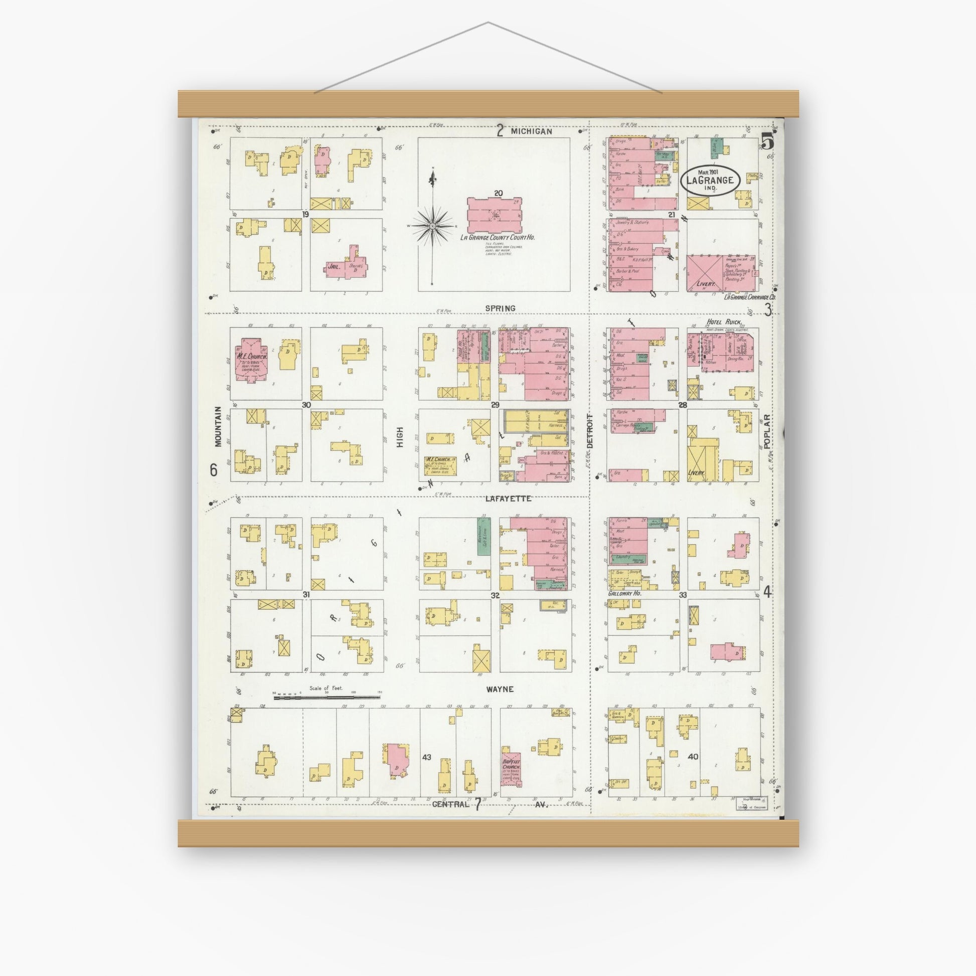 Old map wall art mockup — magnetic wood frame on white wall — Sanborn Fire Insurance Map from Lagrange, LaGrange County, Indiana (1901), Sheet #0005