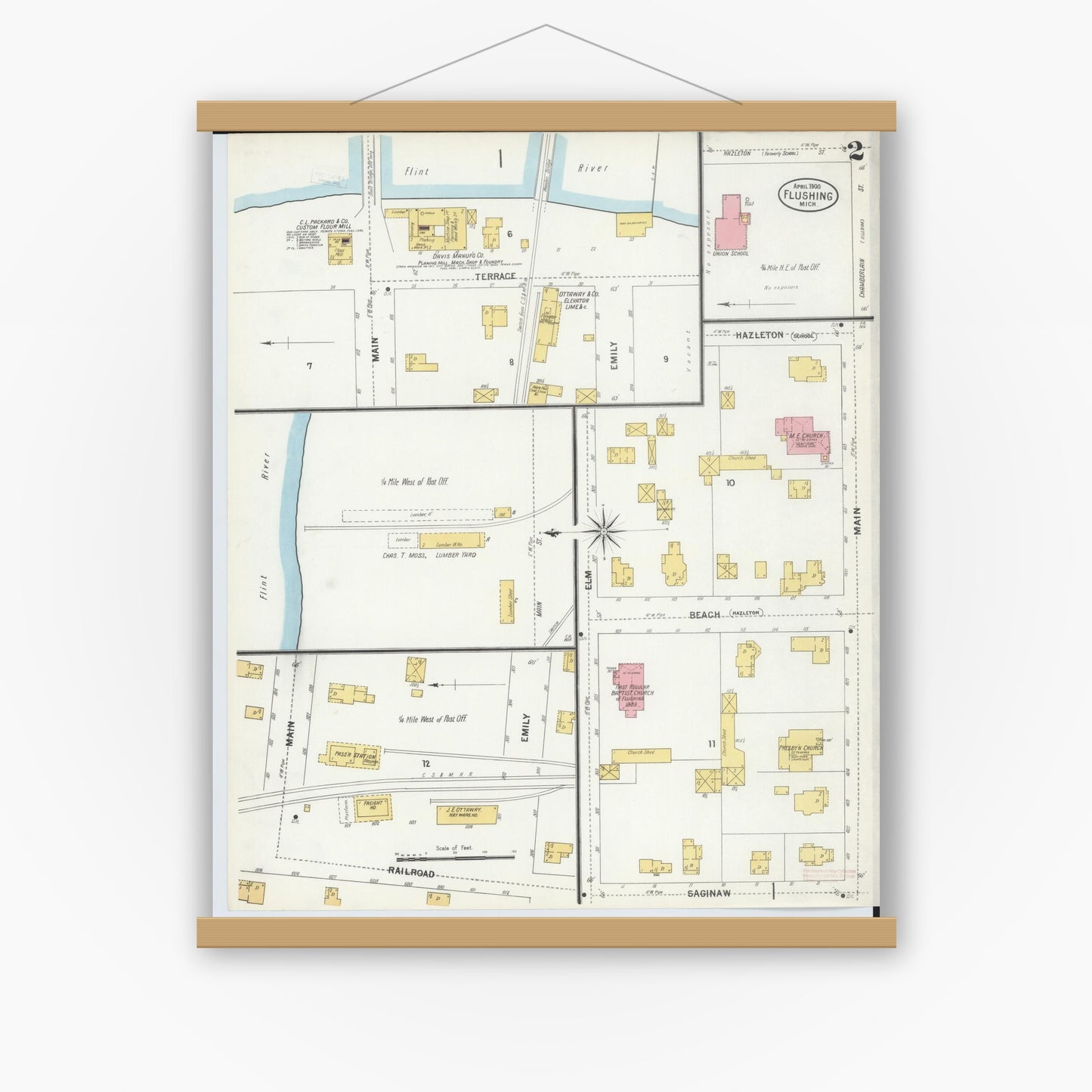 Old map wall art mockup — magnetic wood frame on white wall — Sanborn Fire Insurance Map from Flushing, Genesee County, Michigan (1900), Sheet #0002