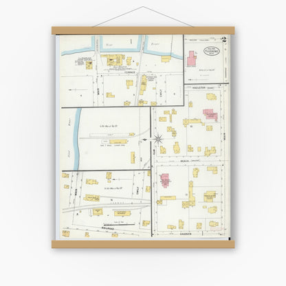 Old map wall art mockup — magnetic wood frame on white wall — Sanborn Fire Insurance Map from Flushing, Genesee County, Michigan (1900), Sheet #0002