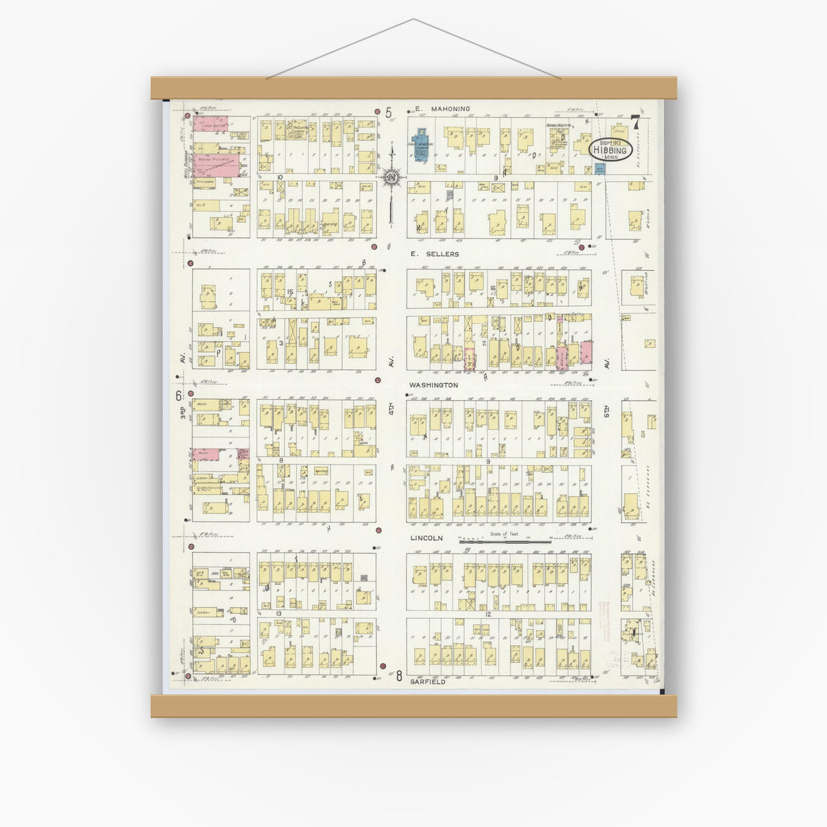 Old map wall art mockup — magnetic wood frame on white wall — Sanborn Fire Insurance Map from Hibbing, Saint Louis County, Minnesota (1913), Sheet #0007