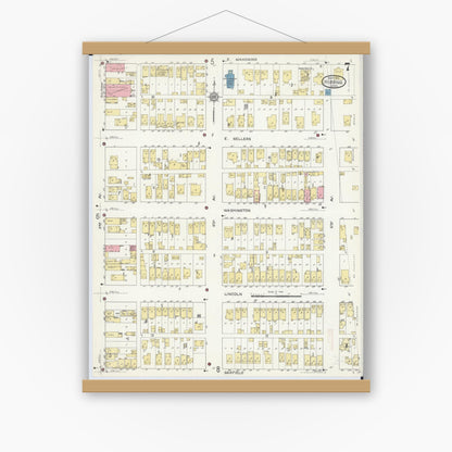 Old map wall art mockup — magnetic wood frame on white wall — Sanborn Fire Insurance Map from Hibbing, Saint Louis County, Minnesota (1913), Sheet #0007
