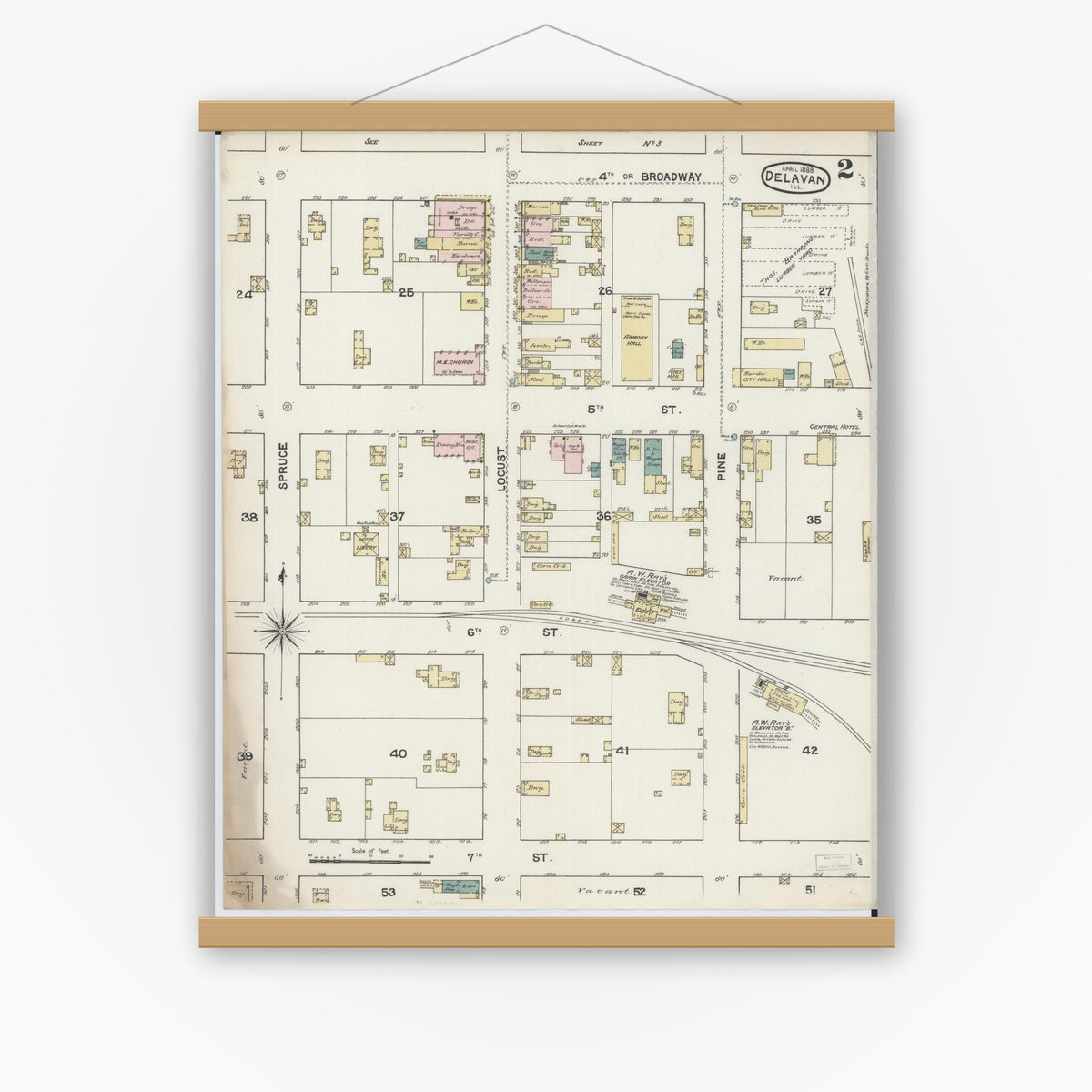 Old map wall art mockup — magnetic wood frame on white wall — Sanborn Fire Insurance Map from Delavan, Tazewell County, Illinois (1888), Sheet #0002