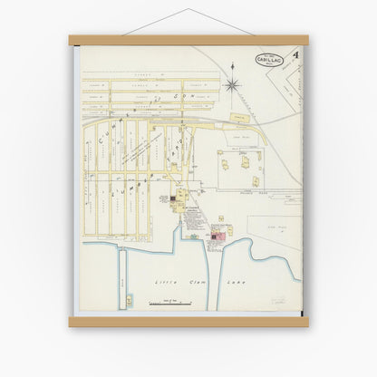Old map wall art mockup — magnetic wood frame on white wall — Sanborn Fire Insurance Map from Cadillac, Wexford County, Michigan (1890), Sheet #0004
