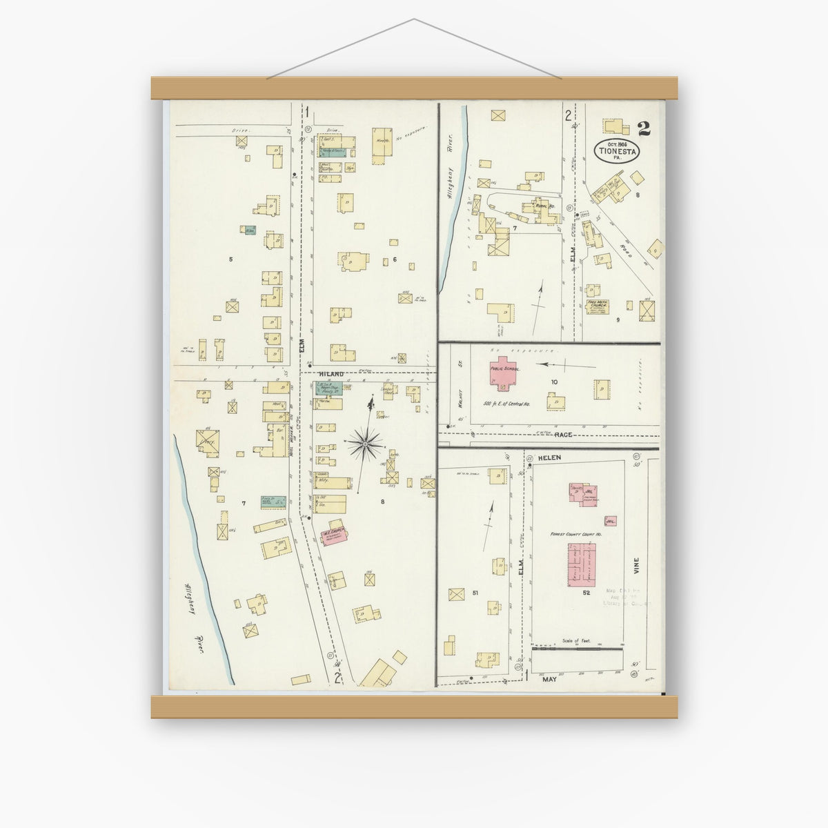 Old map wall art mockup — magnetic wood frame on white wall — Sanborn Fire Insurance Map from Tionesta, Forest County, Pennsylvania (1906), Sheet #0002