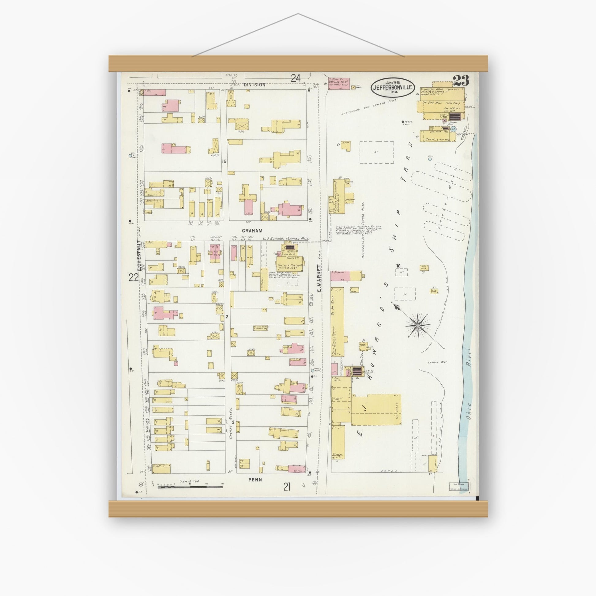 Old map wall art mockup — magnetic wood frame on white wall — Sanborn Fire Insurance Map from Jeffersonville, Clark County, Indiana (1898), Sheet #0023