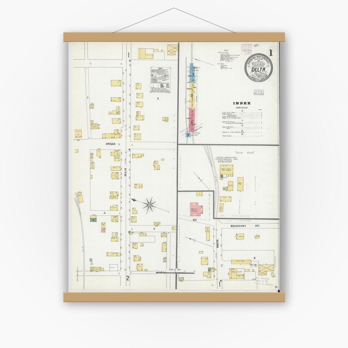Old map wall art mockup — magnetic wood frame on white wall — Sanborn Fire Insurance Map from Delta, York County, Pennsylvania (1904) - Complete Map Set