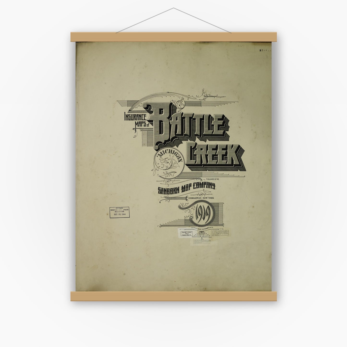 Old map wall art mockup — magnetic wood frame on white wall — Sanborn Fire Insurance Map from Battle Creek, Calhoun County, Michigan (1950), Sheet #0001
