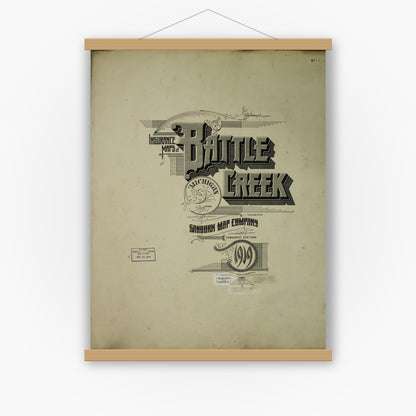 Old map wall art mockup — magnetic wood frame on white wall — Sanborn Fire Insurance Map from Battle Creek, Calhoun County, Michigan (1950), Sheet #0001