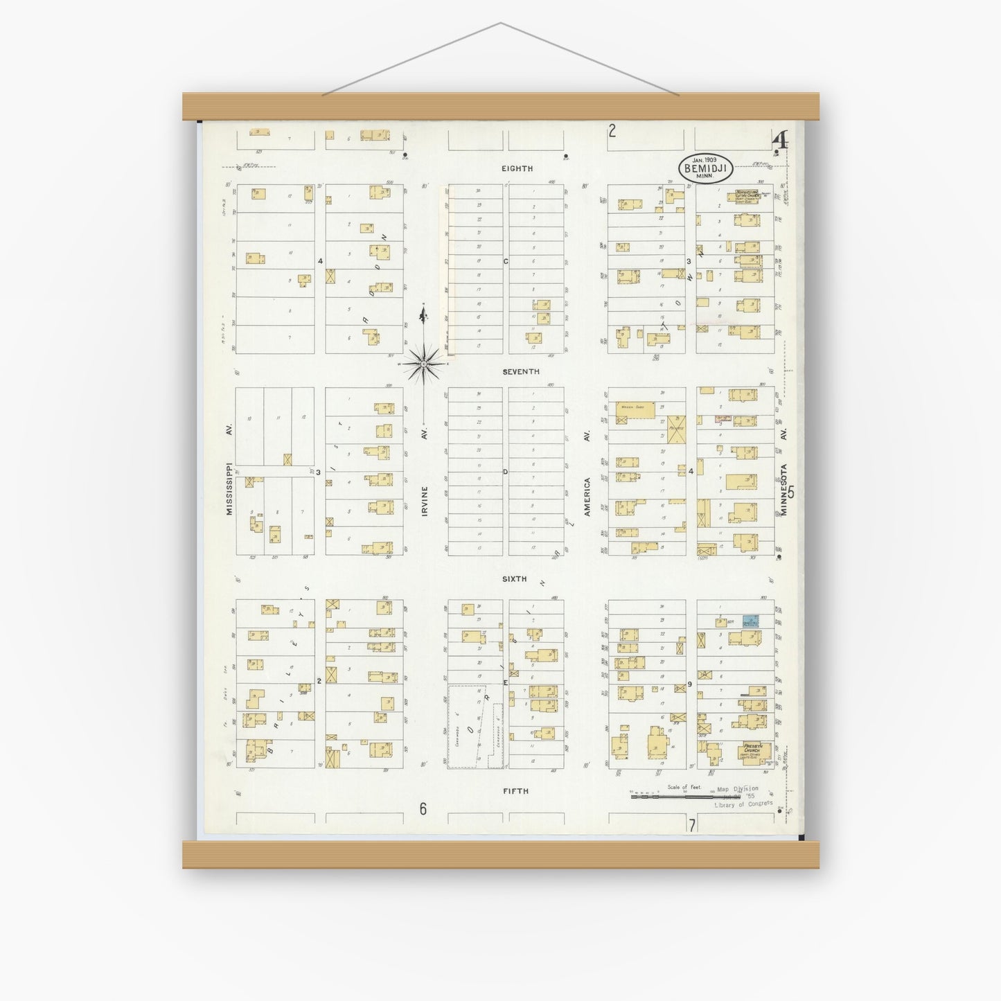 Old map wall art mockup — magnetic wood frame on white wall — Sanborn Fire Insurance Map from Bemidji, Beltrami County, Minnesota (1909), Sheet #0004