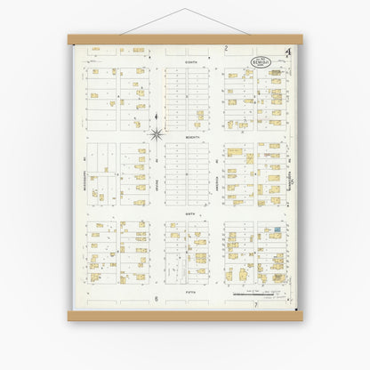 Old map wall art mockup — magnetic wood frame on white wall — Sanborn Fire Insurance Map from Bemidji, Beltrami County, Minnesota (1909), Sheet #0004