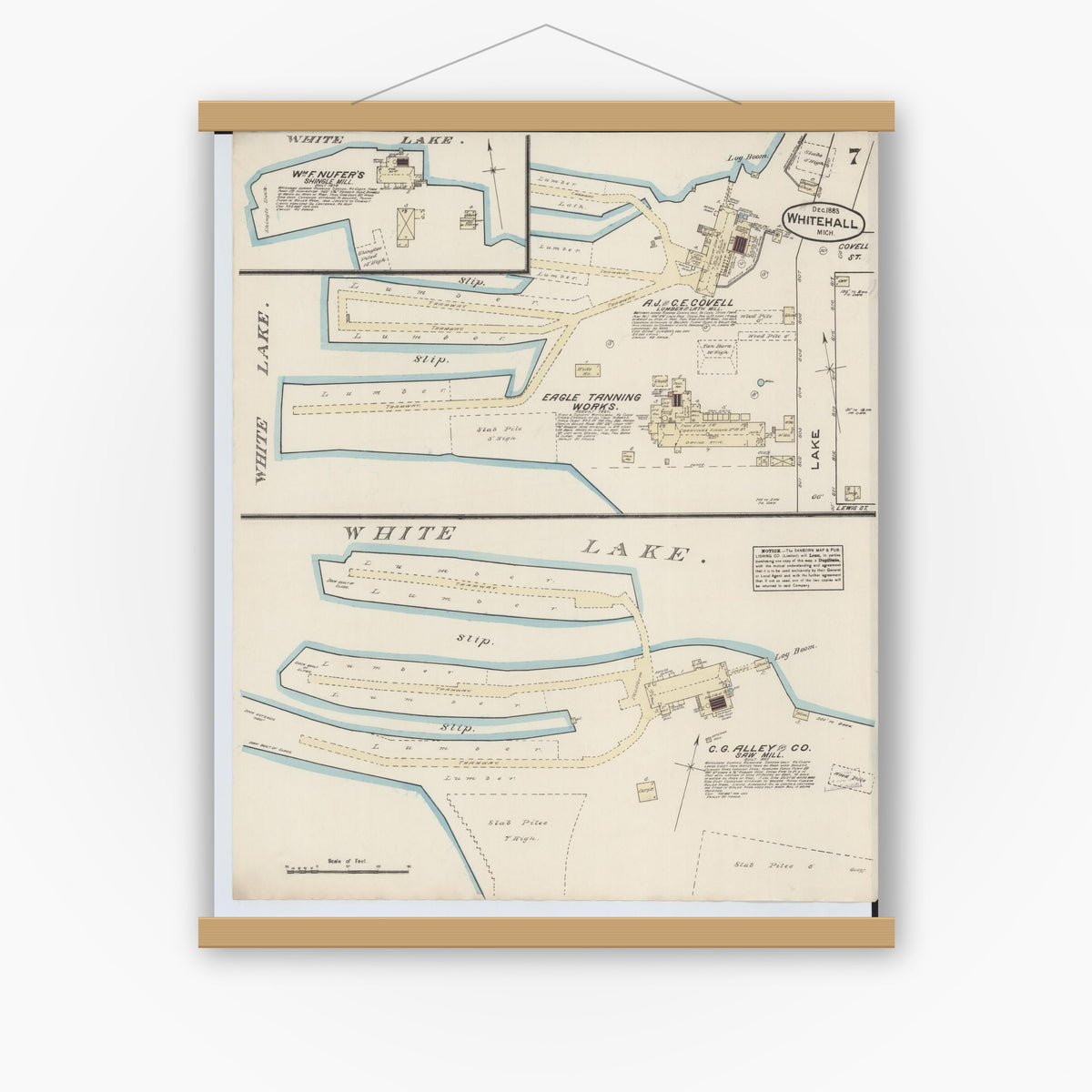 Old map wall art mockup — magnetic wood frame on white wall — Sanborn Fire Insurance Map from Montague, Muskegon County, Michigan (1883), Sheet #0007