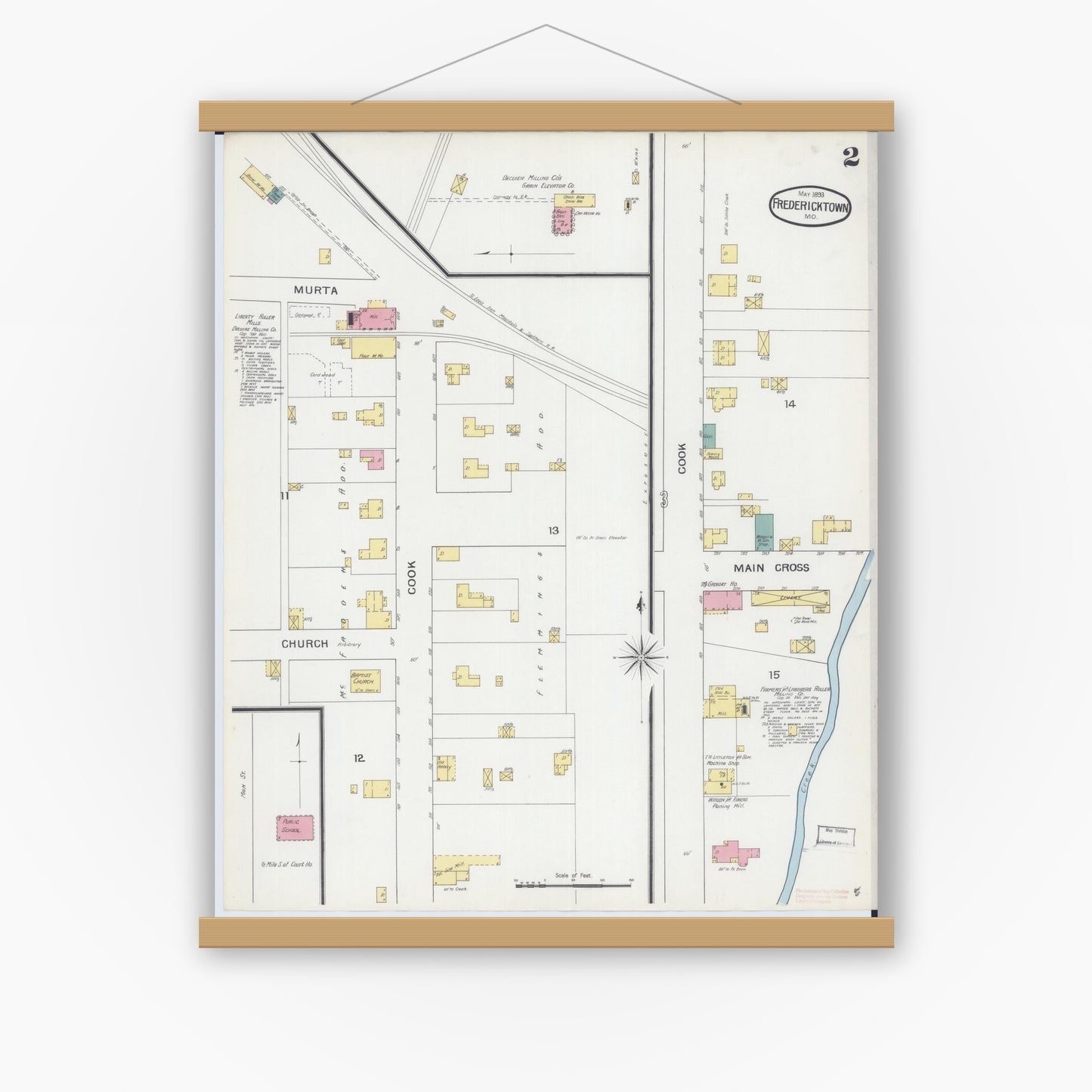 Old map wall art mockup — magnetic wood frame on white wall — Sanborn Fire Insurance Map from Fredericktown, Madison County, Missouri (1893), Sheet #0002