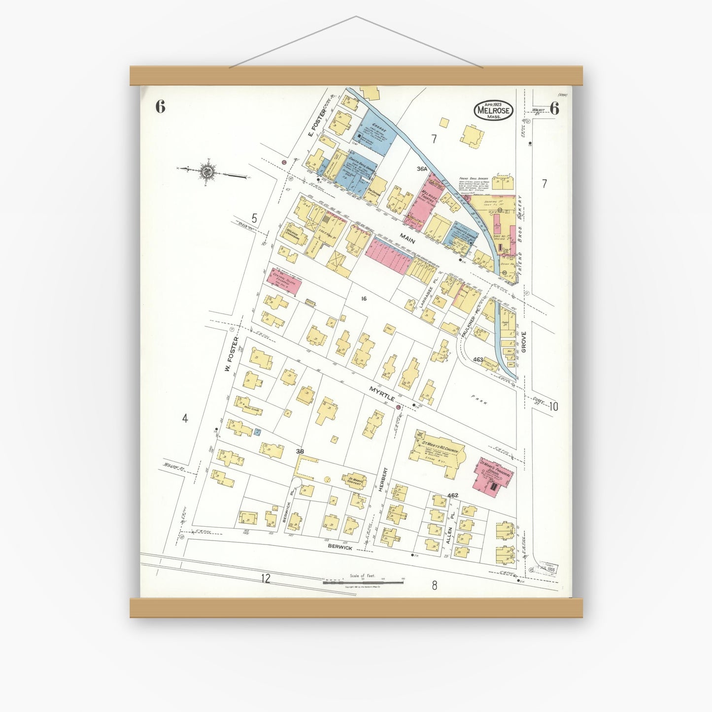 Old map wall art mockup — magnetic wood frame on white wall — Sanborn Fire Insurance Map from Melrose, Middlesex County, Massachusetts (1923), Sheet #0006