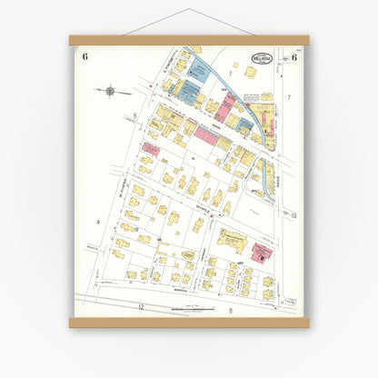 Old map wall art mockup — magnetic wood frame on white wall — Sanborn Fire Insurance Map from Melrose, Middlesex County, Massachusetts (1923), Sheet #0006