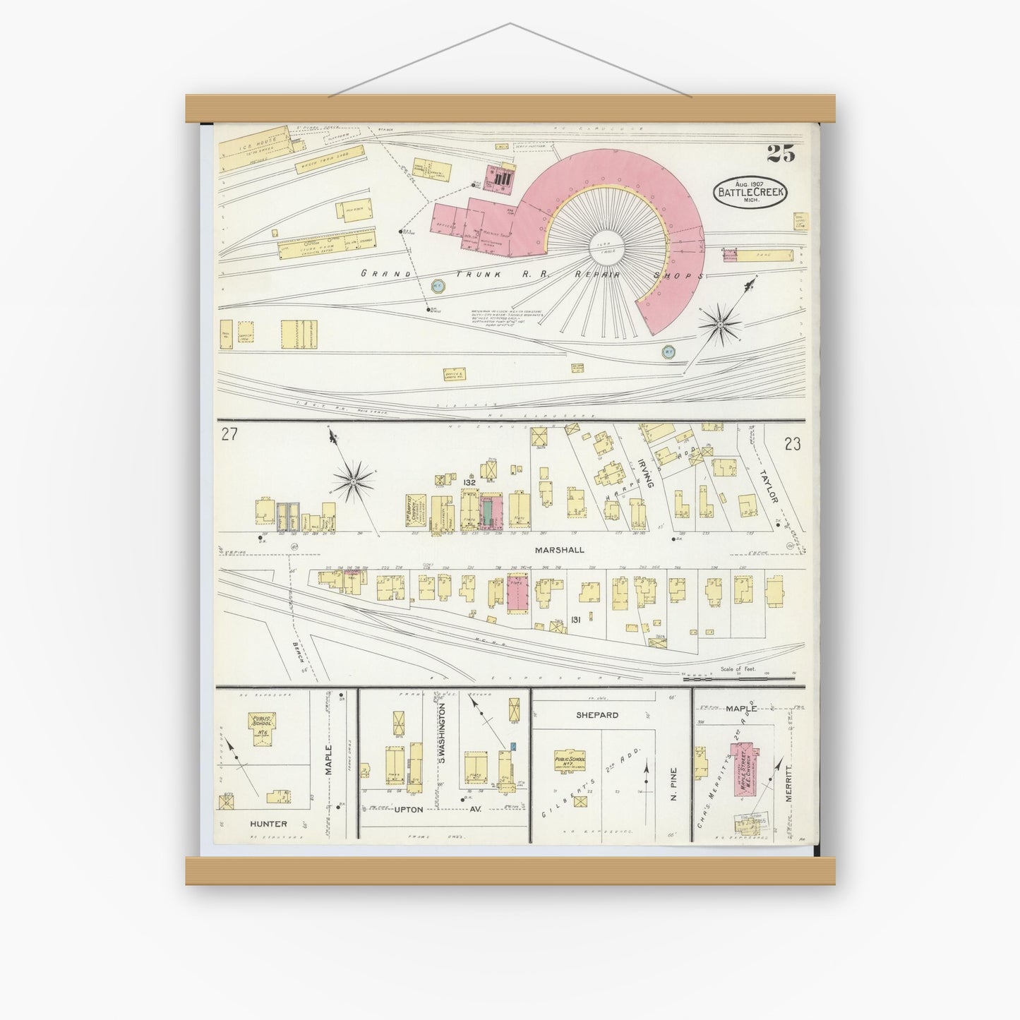 Old map wall art mockup — magnetic wood frame on white wall — Sanborn Fire Insurance Map from Battle Creek, Calhoun County, Michigan (1907), Sheet #0025