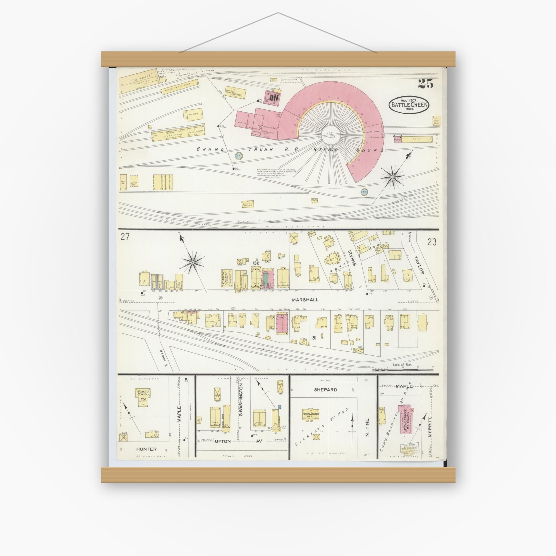 Old map wall art mockup — magnetic wood frame on white wall — Sanborn Fire Insurance Map from Battle Creek, Calhoun County, Michigan (1907), Sheet #0025