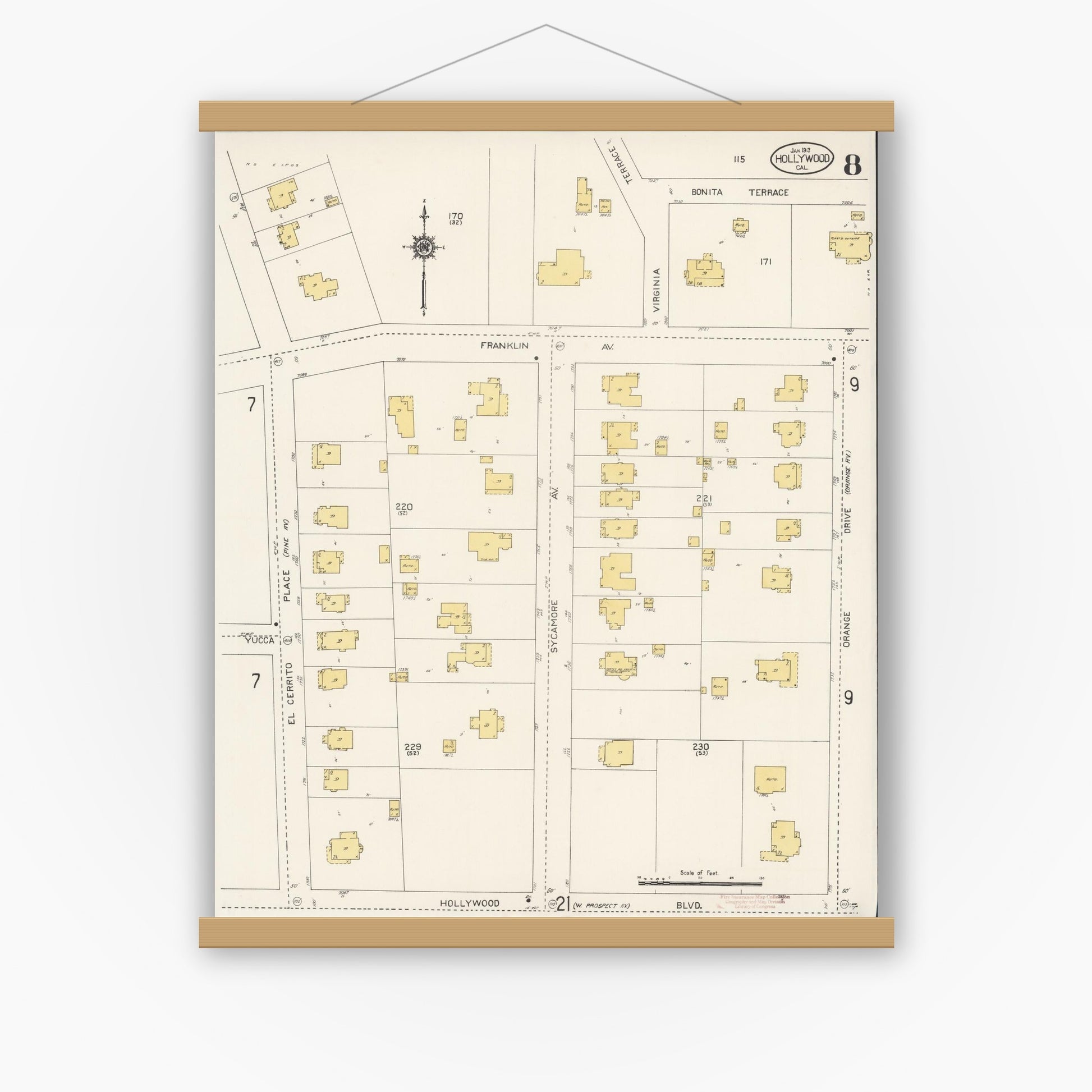 Old map wall art mockup — magnetic wood frame on white wall — Sanborn Fire Insurance Map from Hollywood, Los Angeles County, California (1913), Sheet #0008