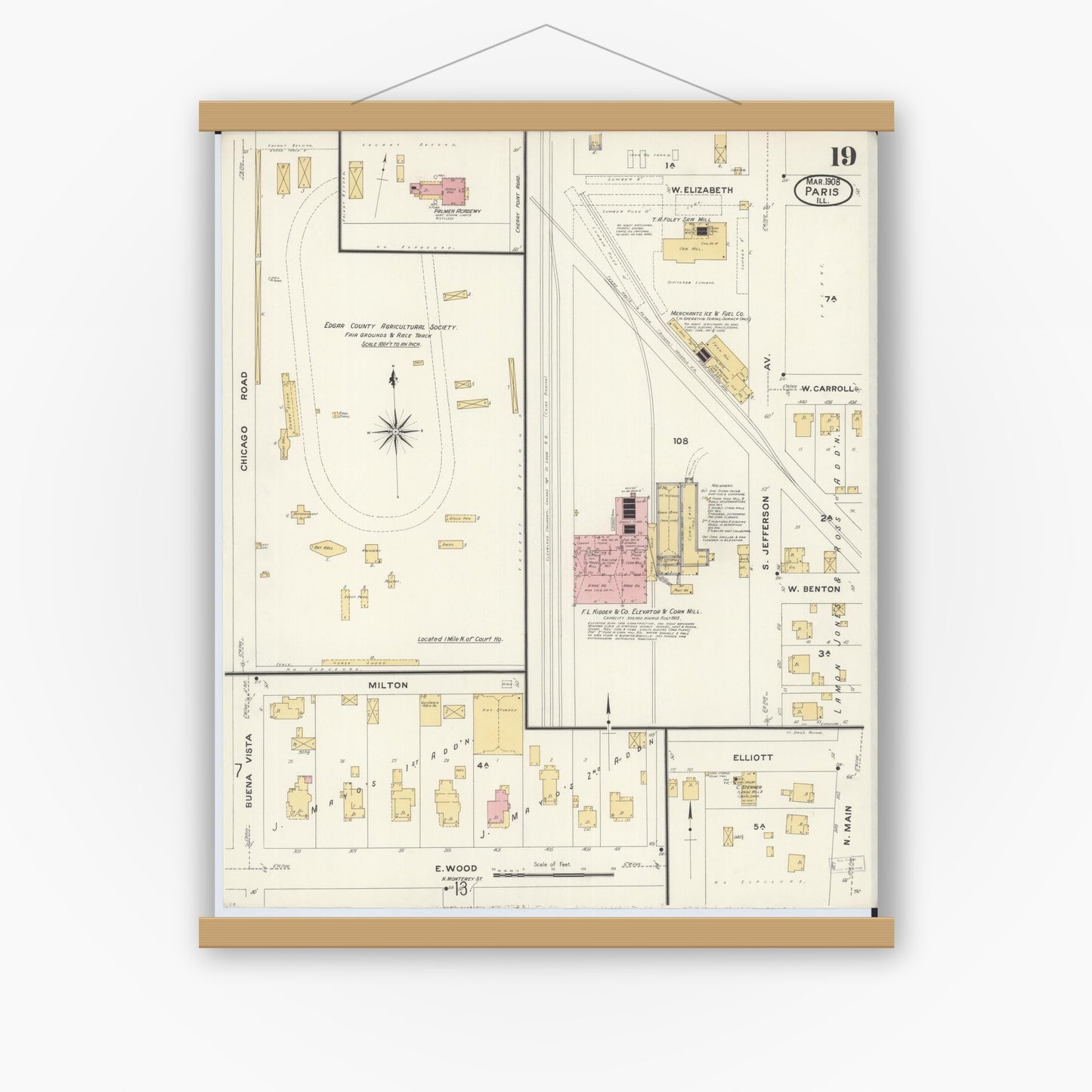 Old map wall art mockup — magnetic wood frame on white wall — Sanborn Fire Insurance Map from Paris, Edgar County, Illinois (1908), Sheet #0019