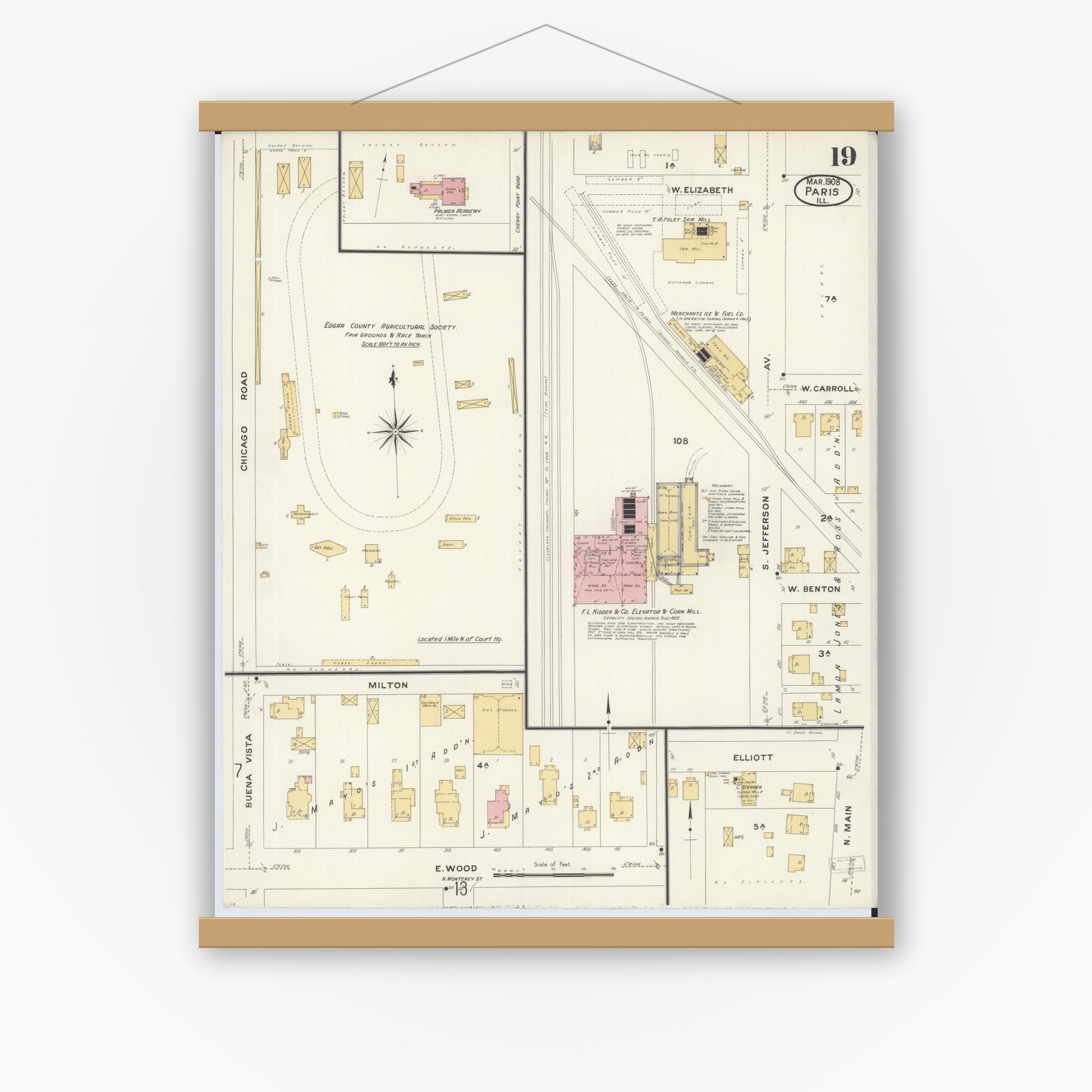 Old map wall art mockup — magnetic wood frame on white wall — Sanborn Fire Insurance Map from Paris, Edgar County, Illinois (1908), Sheet #0019