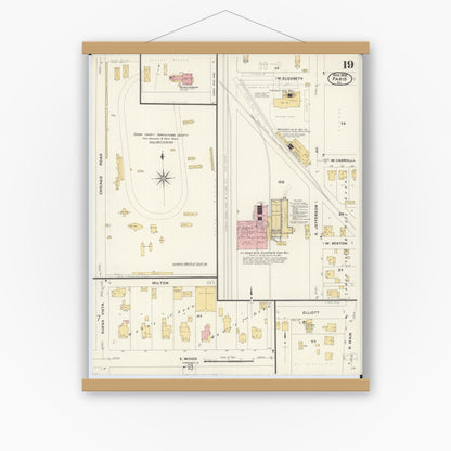 Old map wall art mockup — magnetic wood frame on white wall — Sanborn Fire Insurance Map from Paris, Edgar County, Illinois (1908), Sheet #0019
