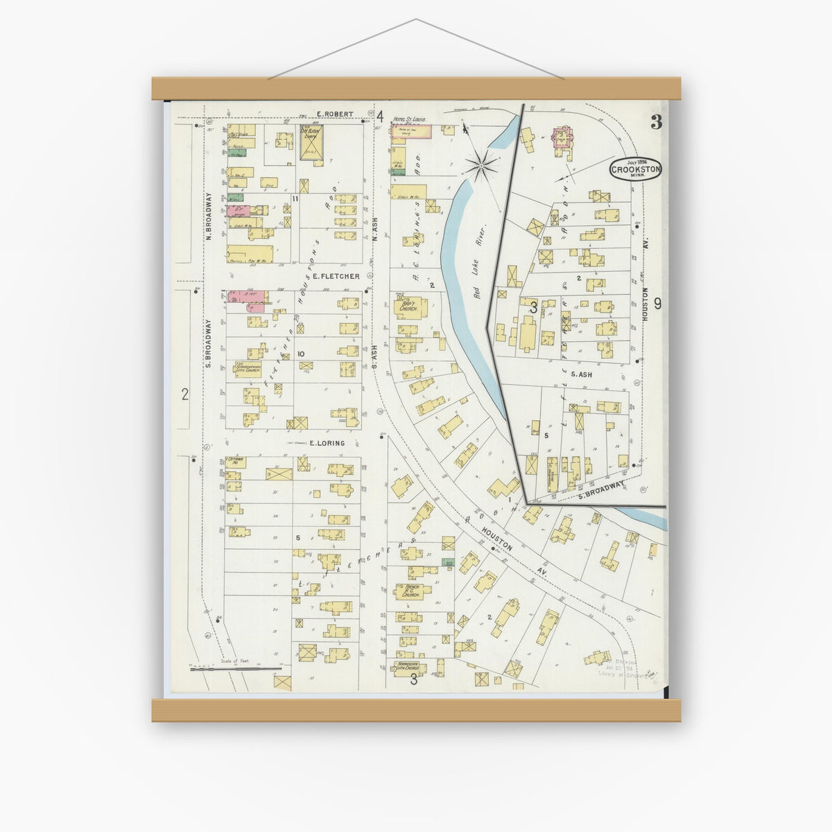 Old map wall art mockup — magnetic wood frame on white wall — Sanborn Fire Insurance Map from Crookston, Polk County, Minnesota (1896), Sheet #0003