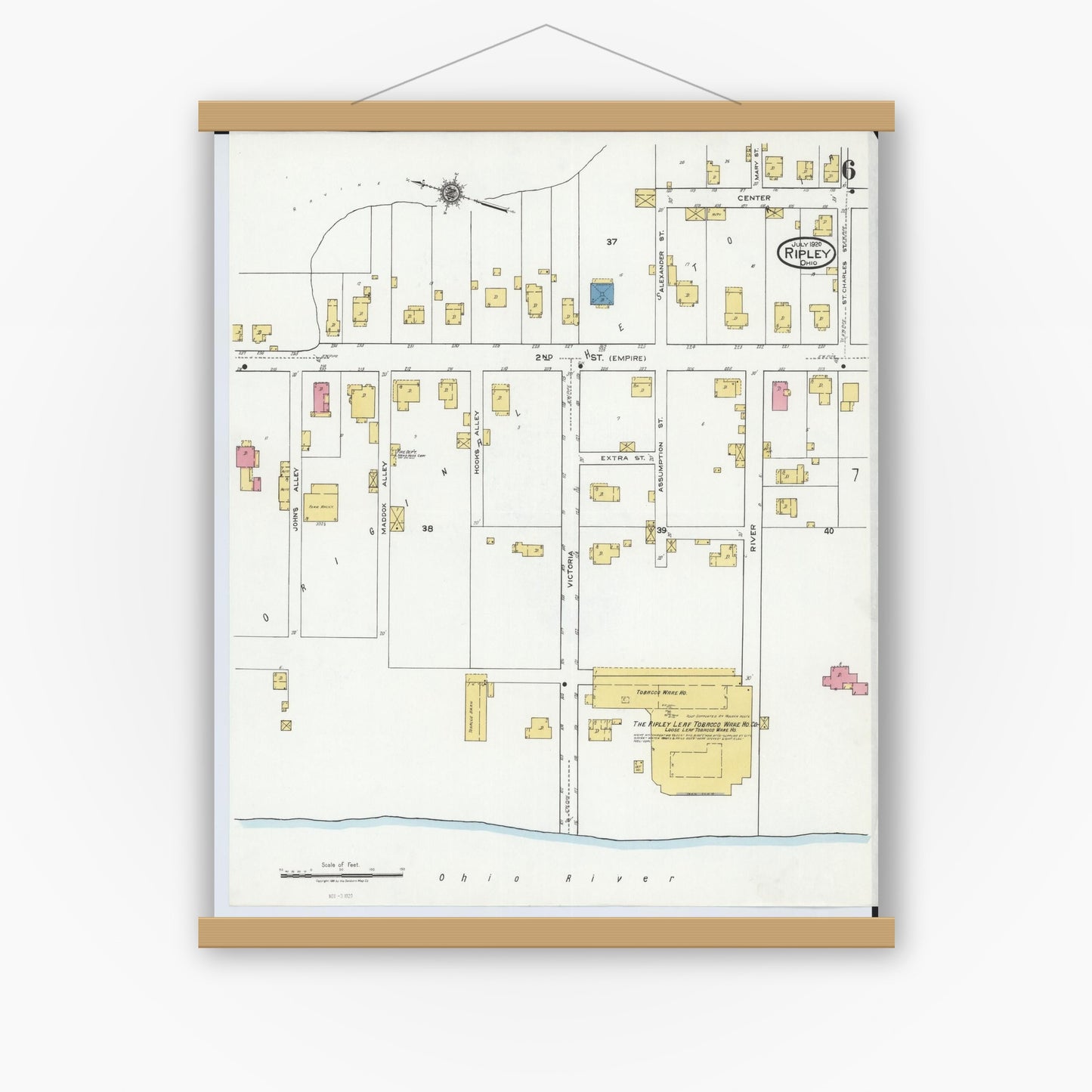 Old map wall art mockup — magnetic wood frame on white wall — Sanborn Fire Insurance Map from Ripley, Brown County, Ohio (1920), Sheet #0006
