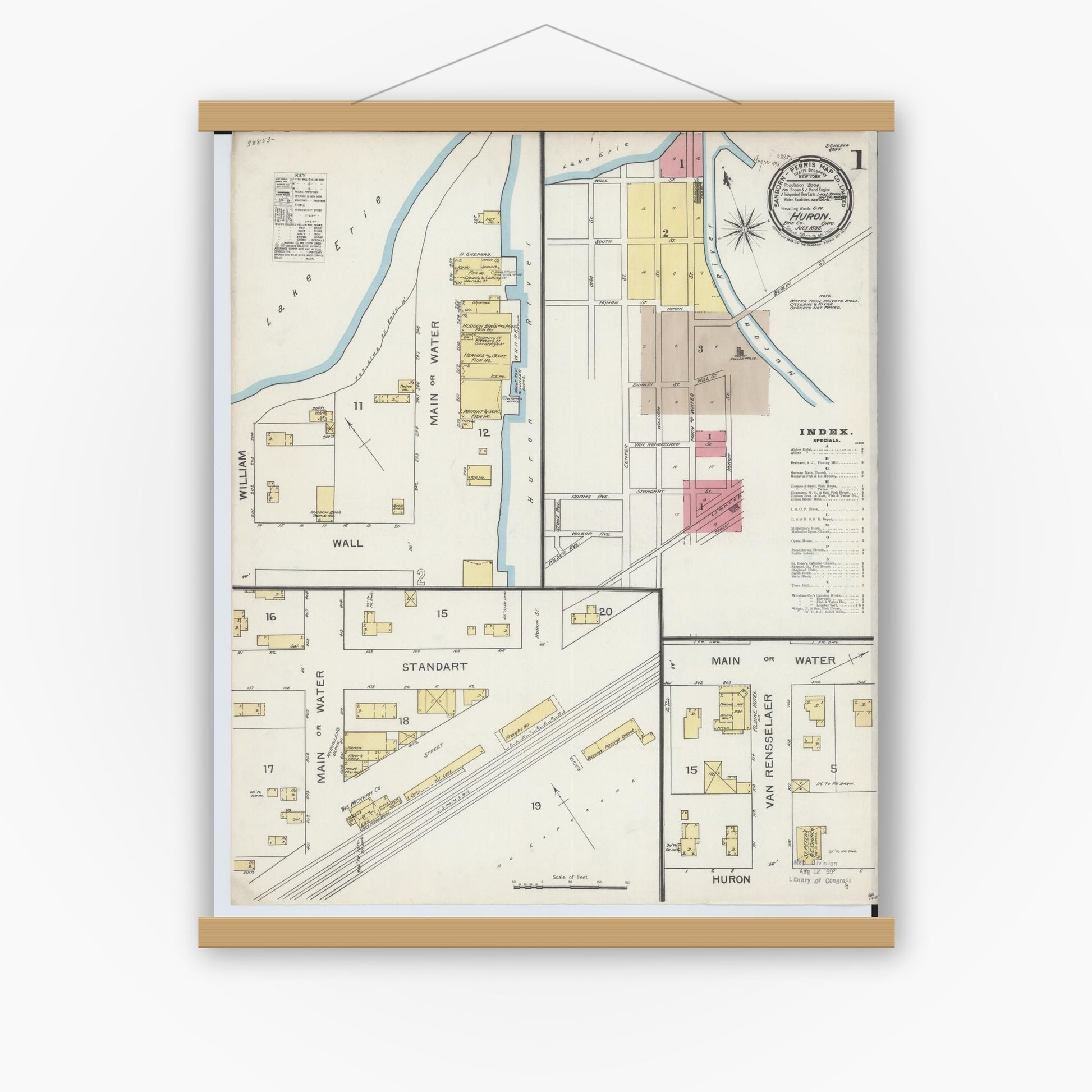 Old map wall art mockup — magnetic wood frame on white wall — Sanborn Fire Insurance Map from Huron, Erie County, Ohio (1893), Sheet #0001