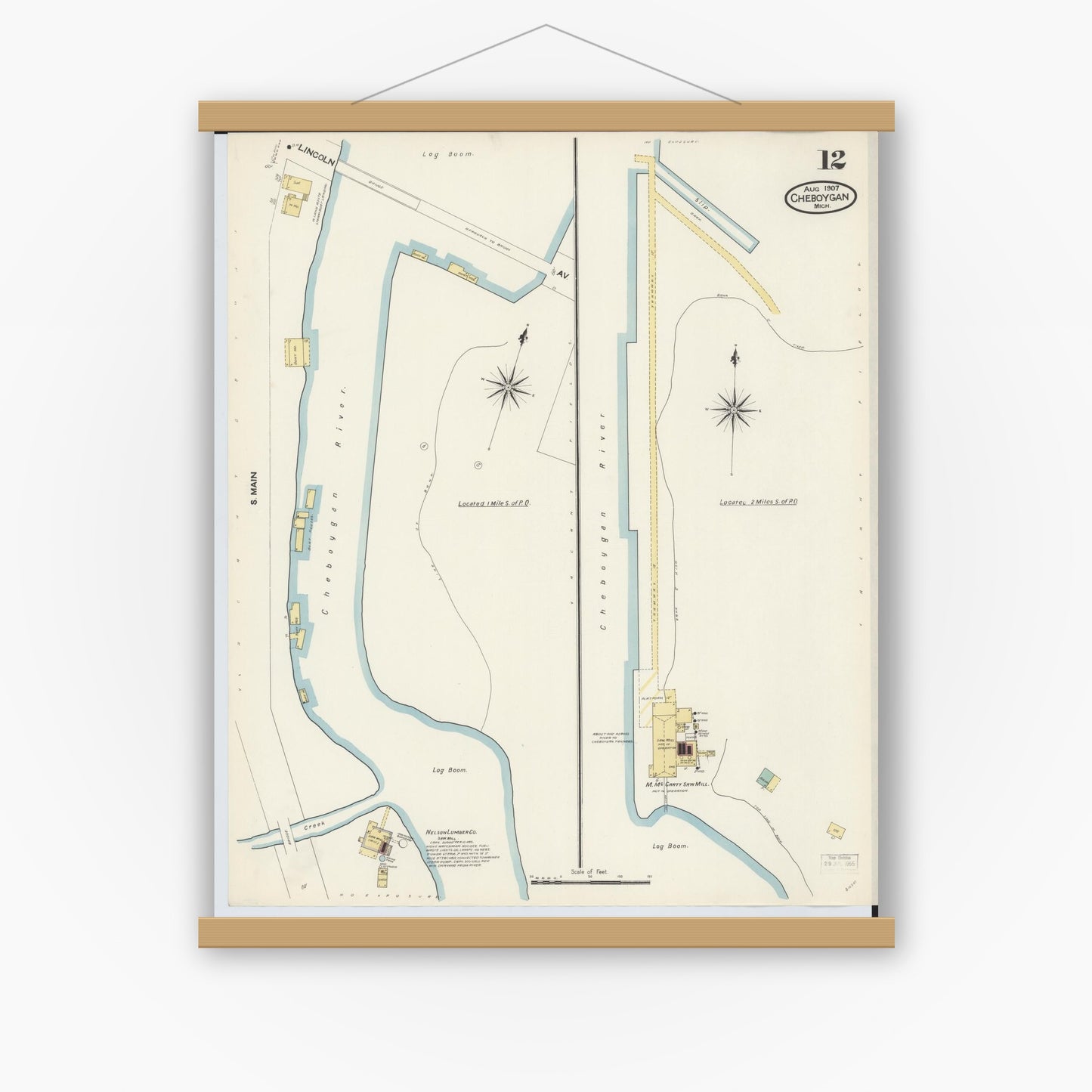 Old map wall art mockup — magnetic wood frame on white wall — Sanborn Fire Insurance Map from Cheboygan, Cheboygan County, Michigan (1907), Sheet #0012