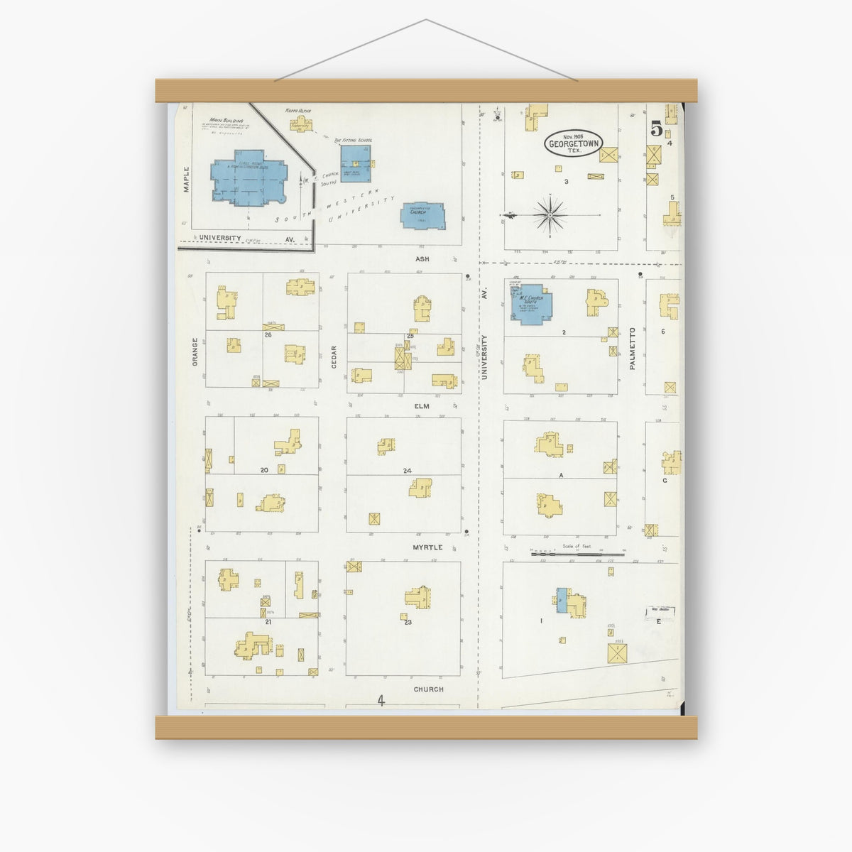 Old map wall art mockup — magnetic wood frame on white wall — Sanborn Fire Insurance Map from Georgetown, Williamson County, Texas (1905), Sheet #0005