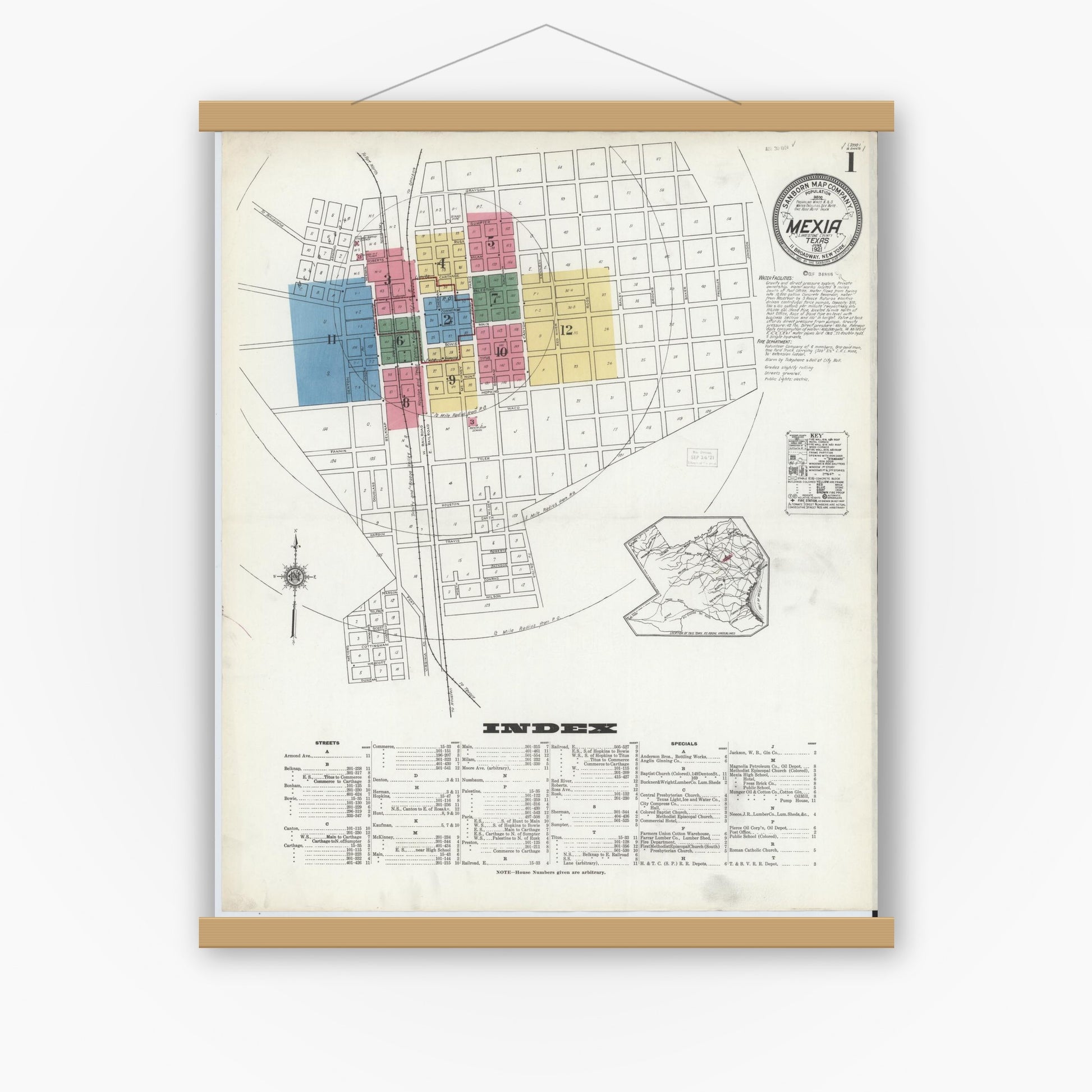 Old map wall art mockup — magnetic wood frame on white wall — Sanborn Fire Insurance Map from Mexia, Limestone County, Texas (1921) - Complete Map Set