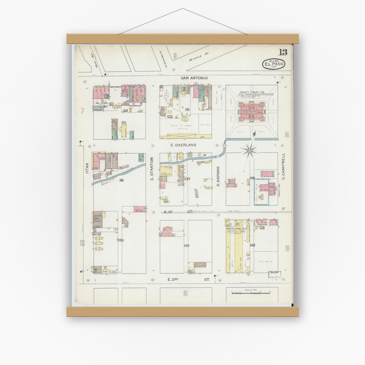 Old map wall art mockup — magnetic wood frame on white wall — Sanborn Fire Insurance Map from El Paso, El Paso County, Texas (1893), Sheet #0013