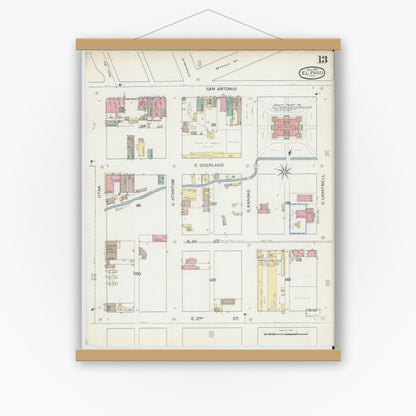 Old map wall art mockup — magnetic wood frame on white wall — Sanborn Fire Insurance Map from El Paso, El Paso County, Texas (1893), Sheet #0013