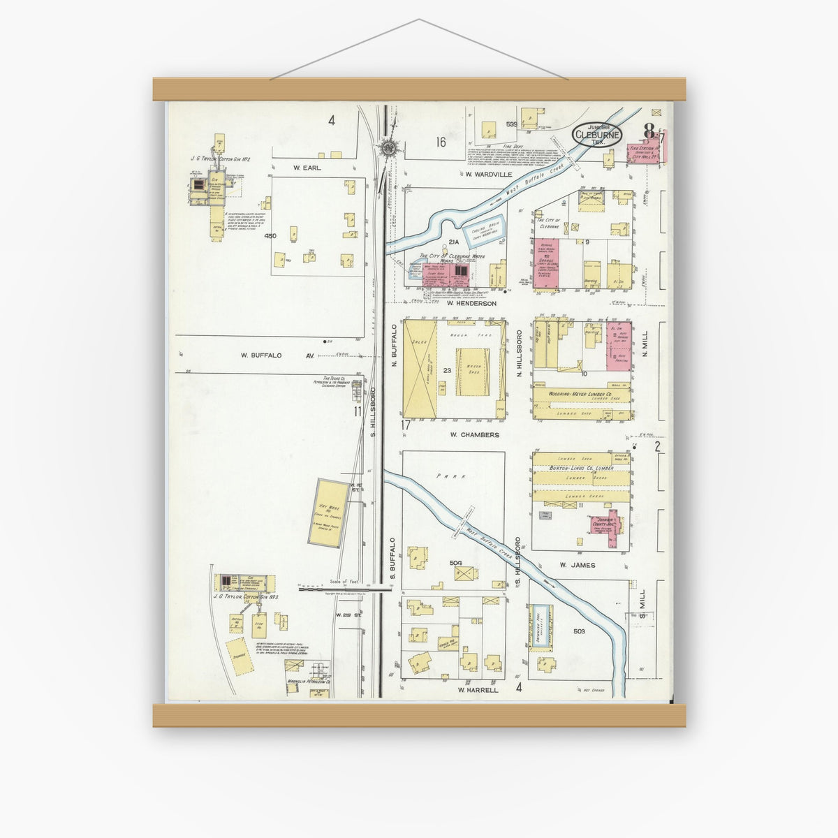 Old map wall art mockup — magnetic wood frame on white wall — Sanborn Fire Insurance Map from Cleburne, Johnson County, Texas (1918), Sheet #0008