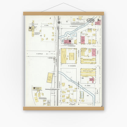 Old map wall art mockup — magnetic wood frame on white wall — Sanborn Fire Insurance Map from Cleburne, Johnson County, Texas (1918), Sheet #0008