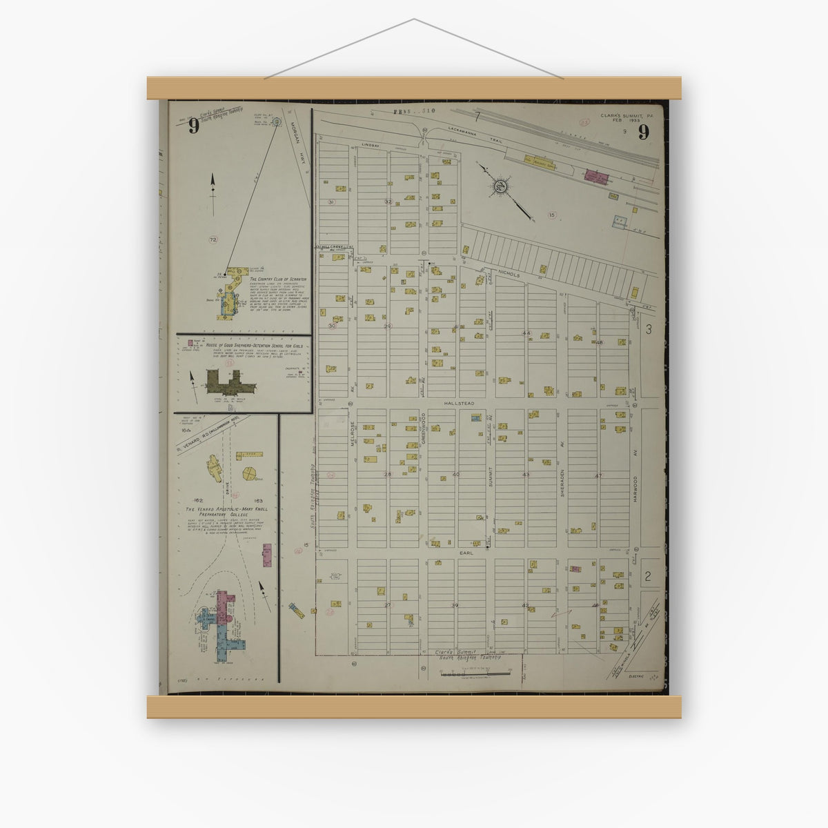 Old map wall art mockup — magnetic wood frame on white wall — Sanborn Fire Insurance Map from Clark's Summit, Lackawanna County, Pennsylvania (1942), Sheet #0009
