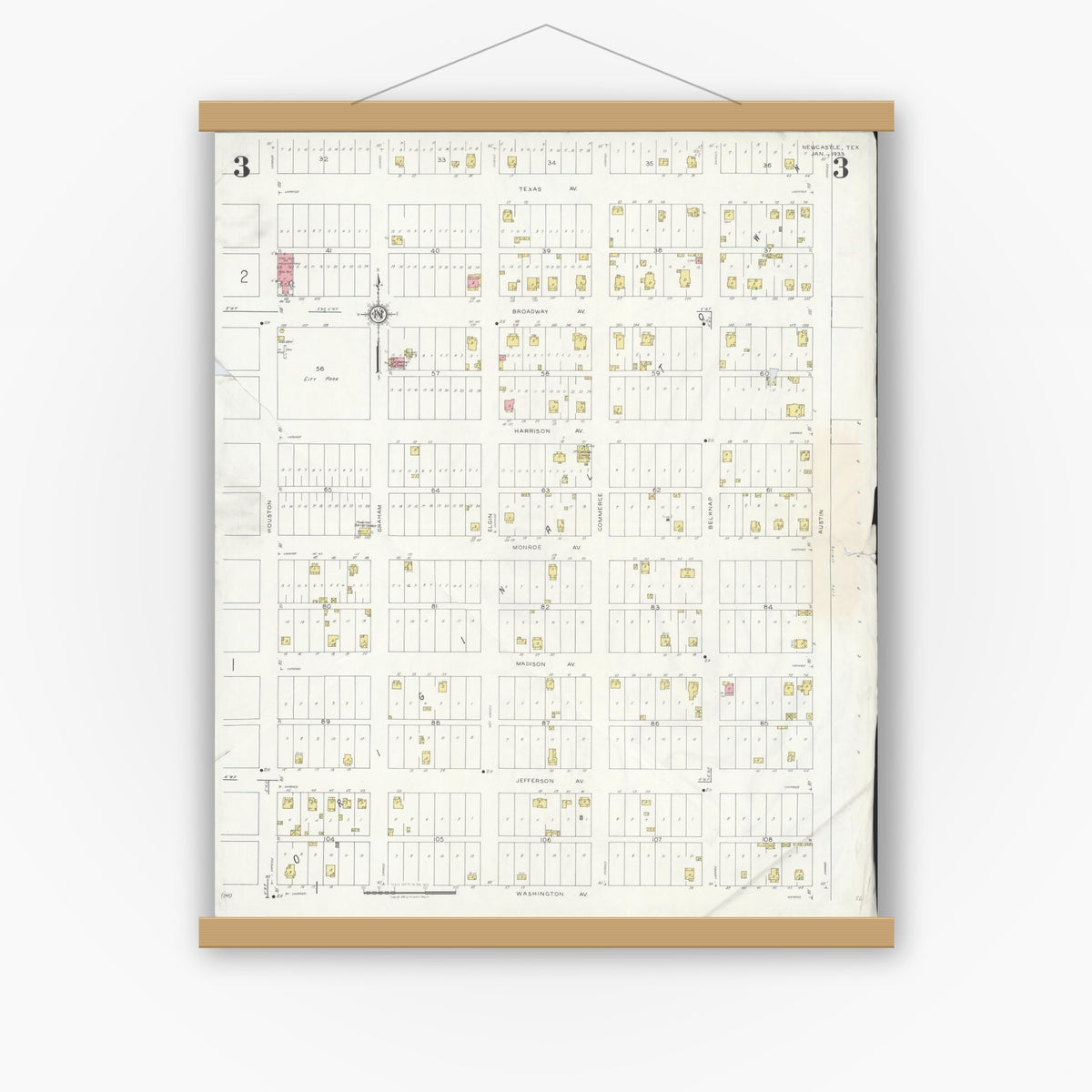 Old map wall art mockup — magnetic wood frame on white wall — Sanborn Fire Insurance Map from Newcastle, Young County, Texas (1933), Sheet #0003