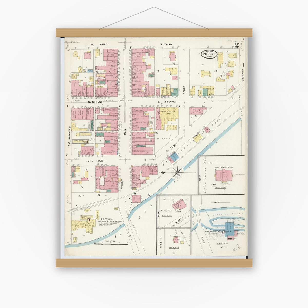 Old map wall art mockup — magnetic wood frame on white wall — Sanborn Fire Insurance Map from Niles, Berrien County, Michigan (1907), Sheet #0002