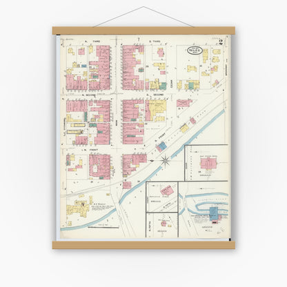 Old map wall art mockup — magnetic wood frame on white wall — Sanborn Fire Insurance Map from Niles, Berrien County, Michigan (1907), Sheet #0002