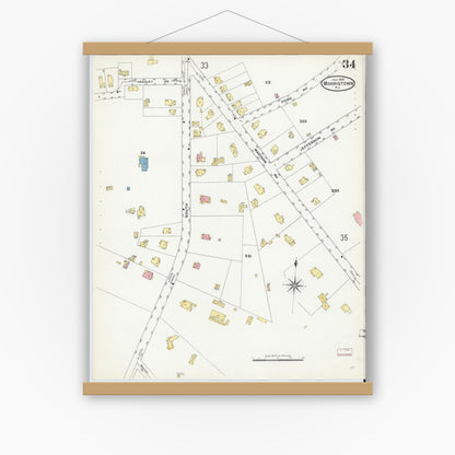 Old map wall art mockup — magnetic wood frame on white wall — Sanborn Fire Insurance Map from Morristown, Morris County, New Jersey (1909), Sheet #0034