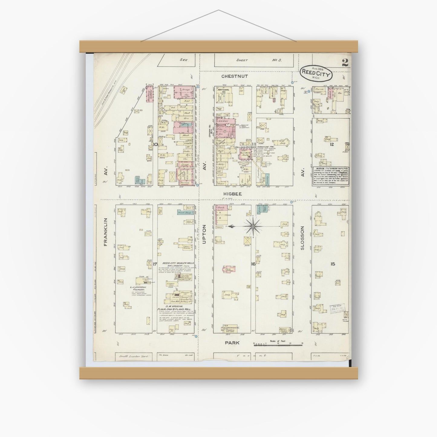 Old map wall art mockup — magnetic wood frame on white wall — Sanborn Fire Insurance Map from Reed City, Osceola County, Michigan (1884), Sheet #0002