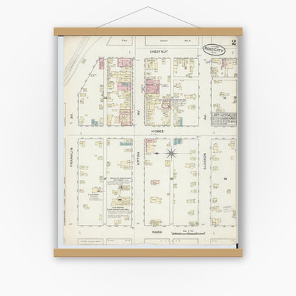 Old map wall art mockup — magnetic wood frame on white wall — Sanborn Fire Insurance Map from Reed City, Osceola County, Michigan (1884), Sheet #0002