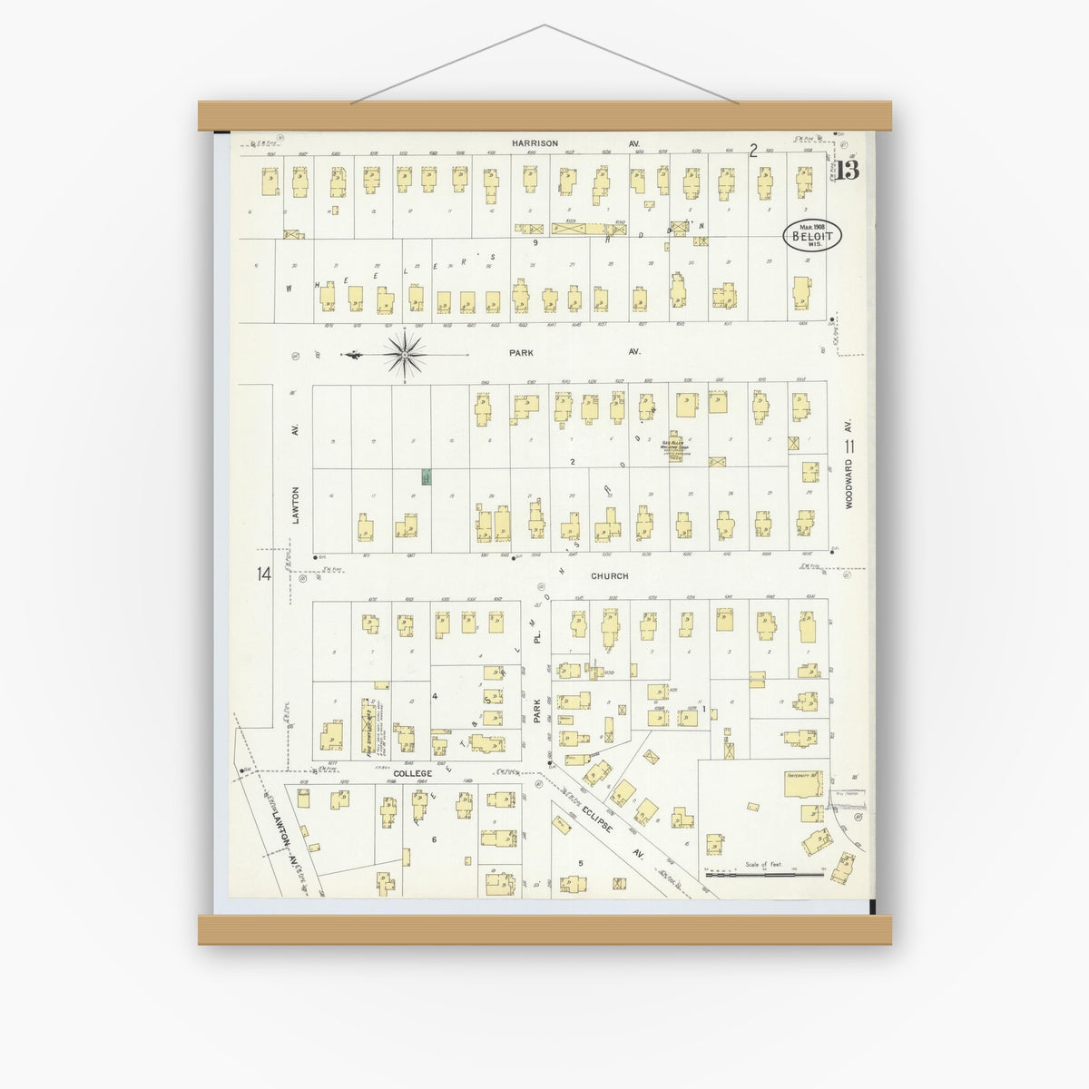 Old map wall art mockup — magnetic wood frame on white wall — Sanborn Fire Insurance Map from Beloit, Rock County, Wisconsin (1908), Sheet #0013