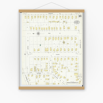 Old map wall art mockup — magnetic wood frame on white wall — Sanborn Fire Insurance Map from Beloit, Rock County, Wisconsin (1908), Sheet #0013