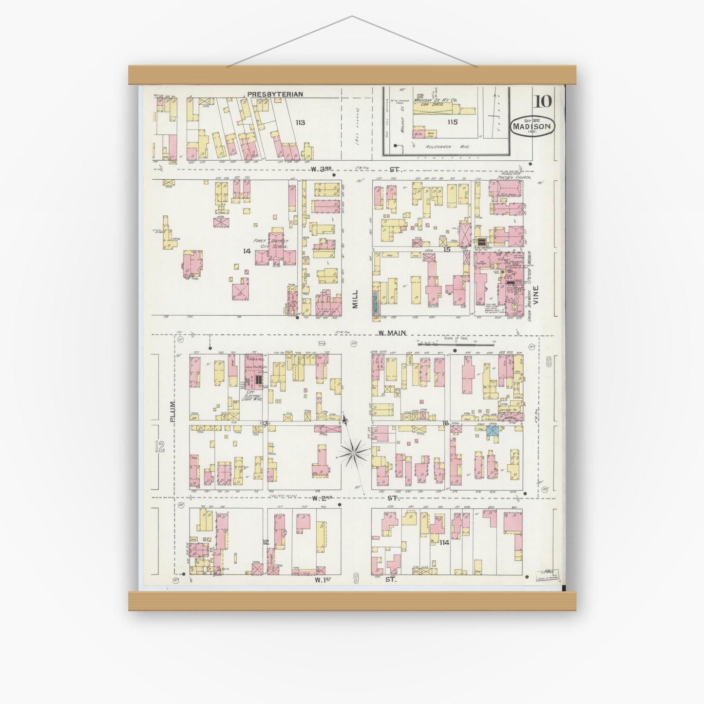 Old map wall art mockup — magnetic wood frame on white wall — Sanborn Fire Insurance Map from Madison, Jefferson County, Indiana (1892), Sheet #0010