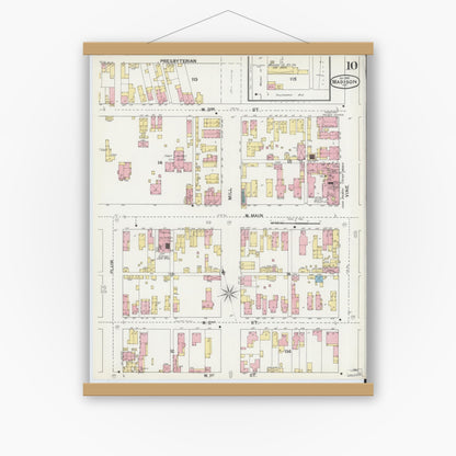 Old map wall art mockup — magnetic wood frame on white wall — Sanborn Fire Insurance Map from Madison, Jefferson County, Indiana (1892), Sheet #0010