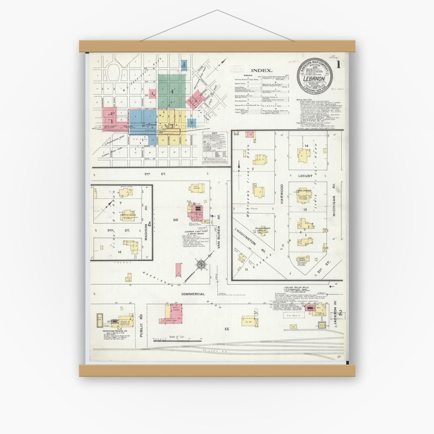 Old map wall art mockup — magnetic wood frame on white wall — Sanborn Fire Insurance Map from Lebanon, Laclede County, Missouri (1910), Sheet #0001
