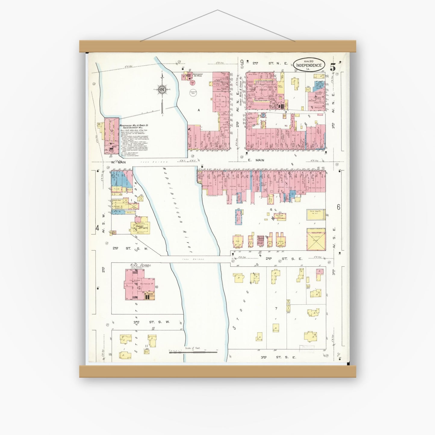 Old map wall art mockup — magnetic wood frame on white wall — Sanborn Fire Insurance Map from Independence, Buchanan County, Iowa (1913), Sheet #0005