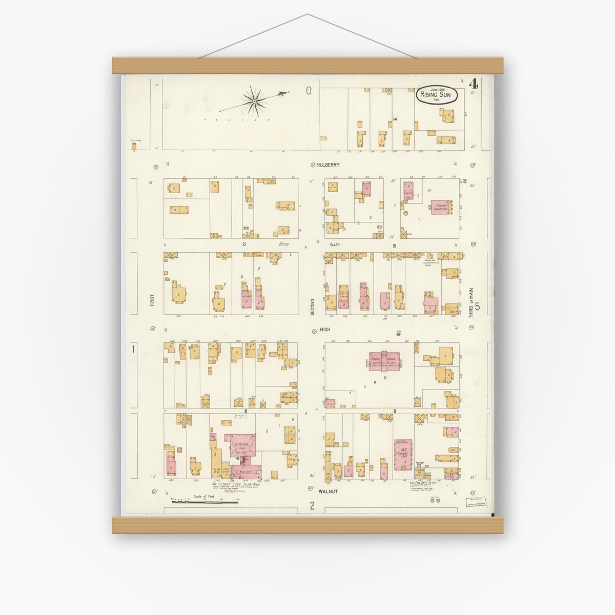 Old map wall art mockup — magnetic wood frame on white wall — Sanborn Fire Insurance Map from Rising Sun, Ohio County, Indiana (1906), Sheet #0004