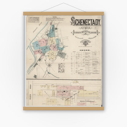 Old map wall art mockup — magnetic wood frame on white wall — Sanborn Fire Insurance Map from Schenectady, Schenectady County, New York (1884) - Complete Map Set