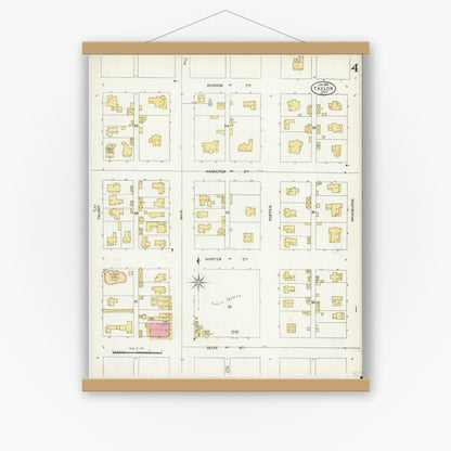 Old map wall art mockup — magnetic wood frame on white wall — Sanborn Fire Insurance Map from Taylor, Williamson County, Texas (1904), Sheet #0004
